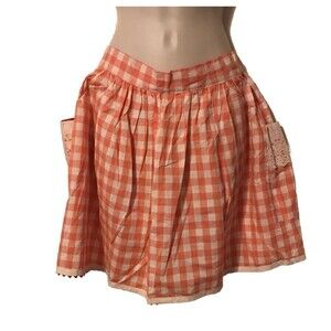 Peaches n Cream Gingham Half Hostess Apron Lace Pockets & Bric a Brac Trim VTG